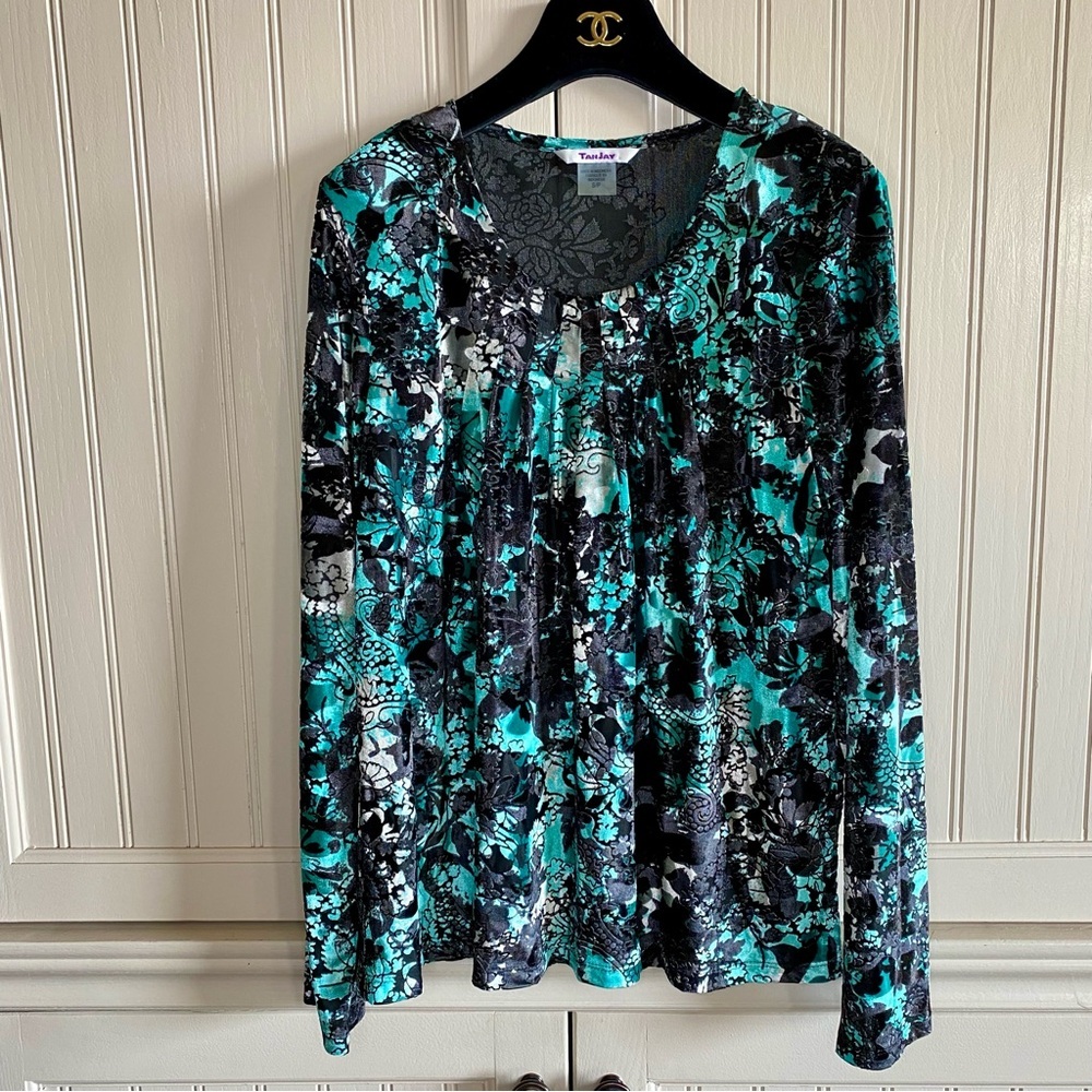 Blue Velvet Flower Floral Long Sleeve Top - Teal See through Size S Y2K